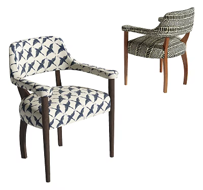 Modern Dining Chairs With Armrests Blue White Black Patterns And Wooden Legs 3d model