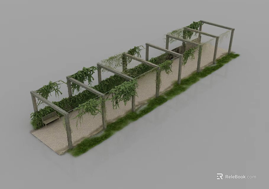 Long Pergola Structure With Climbing Vines Stone Pathway Lush Greenery And Wooden Bench 3d model 