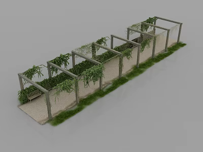 Long Pergola Structure With Climbing Vines Stone Pathway Lush Greenery And Wooden Bench 3d model