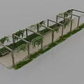 Long Pergola Structure With Climbing Vines Stone Pathway Lush Greenery And Wooden Bench