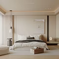 Modern Minimalist Bedroom Interior With Comfortable Bed Decorative Artwork And Pendant Light 3d model