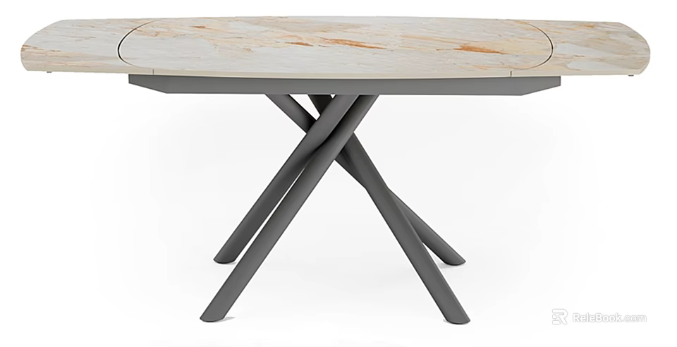 Light Toned Marble Dining Table With X Shaped Gray Metal Legs Design 3d model