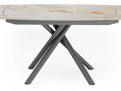 Light Toned Marble Dining Table With X Shaped Gray Metal Legs Design 3d model