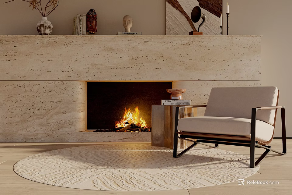 Cozy Modern Accent Chair With Burning Fireplace Round Area Rug And Side Table Decorative Items 3d model 