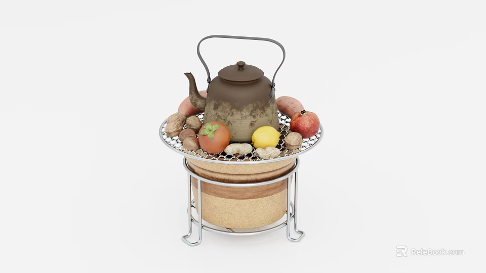 Traditional Teapot With Fresh Fruits And Peanuts On Metal Stand Tray 3d model 