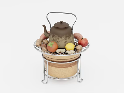 Traditional Teapot With Fresh Fruits And Peanuts On Metal Stand Tray 3d model