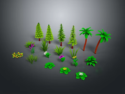 Collection of Various Plants Including Pine Trees Palm Trees Herbs And Aquatic Plants 3d model
