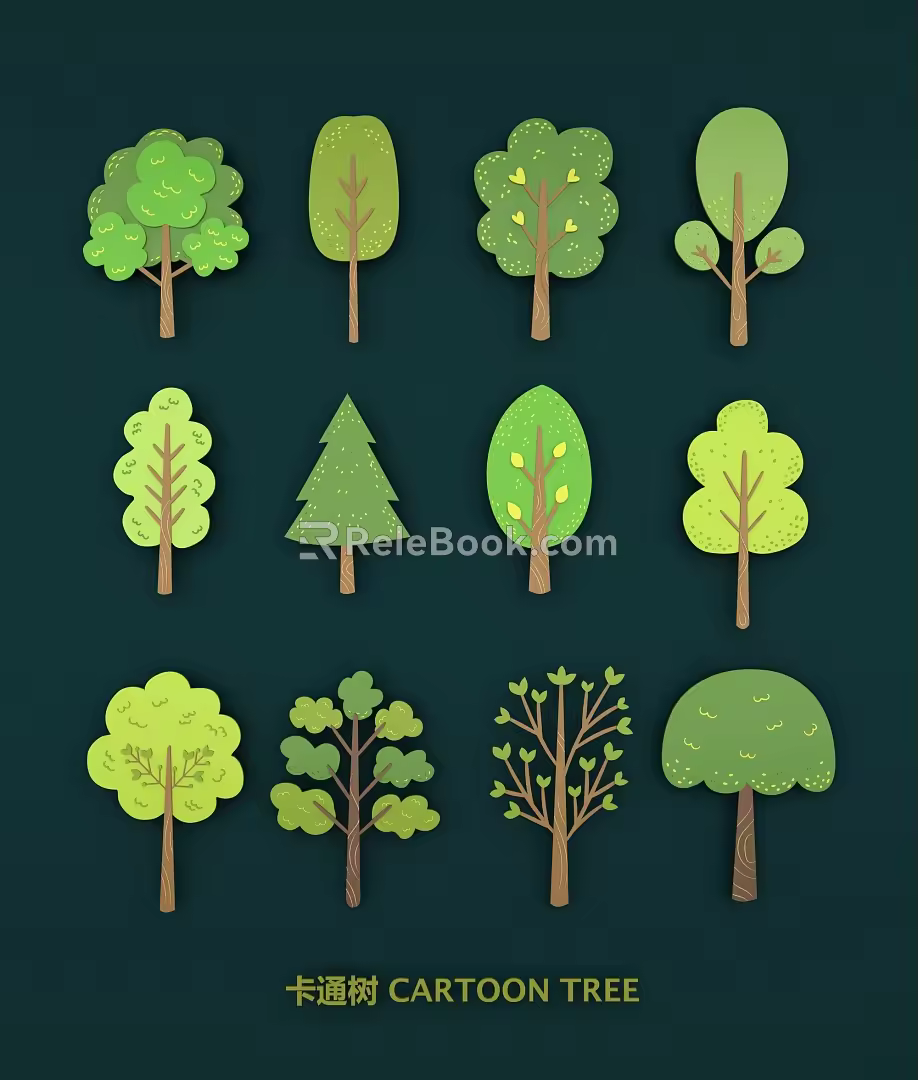 Hand-painted green trees big trees small trees pine trees fruit trees garden trees geometric trees cartoon trees 3d model