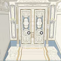 Elegant Hotel Public Lounge Area With Ornate Decor Blue White Sofas And Decorative Paintings
