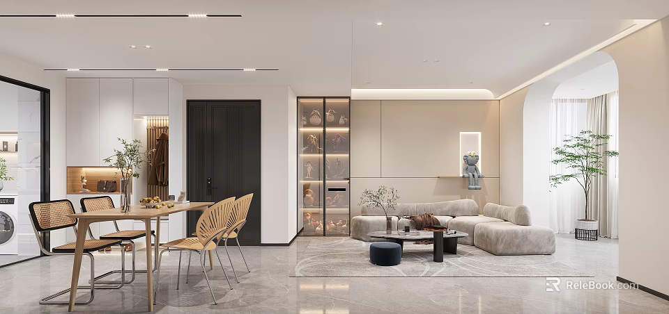 Modern Living Dining Room Interior With Open Layout Sofa Dining Table And Pendant Lights 3d model