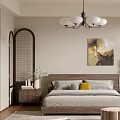 Cozy Modern Bedroom Interior With Wooden Bed Chandelier Area Rug And Artwork