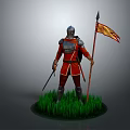 Knight In Red Armor Holding Flag And Sword Standing On Green Grass