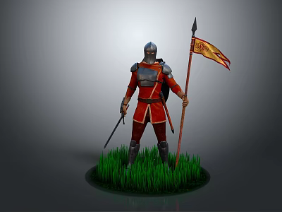 Knight In Red Armor Holding Flag And Sword Standing On Green Grass 3d model