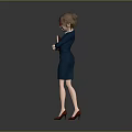 Female Character In Blue Suit Dress With Red Glasses Red Folder Standing On Gray Background