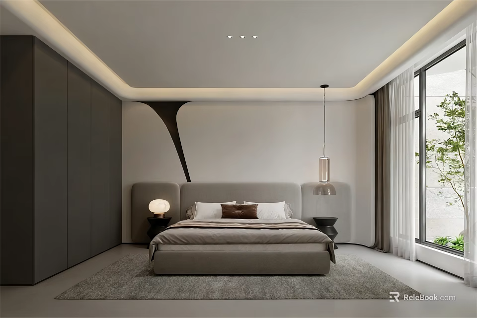 Modern Minimalist Bedroom Interior With Platform Bed Wardrobe Pendant Light And Natural Light 3d model 