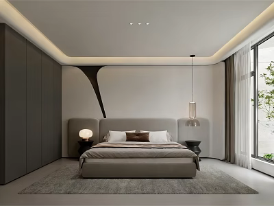 Modern Minimalist Bedroom Interior With Platform Bed Wardrobe Pendant Light And Natural Light 3d model