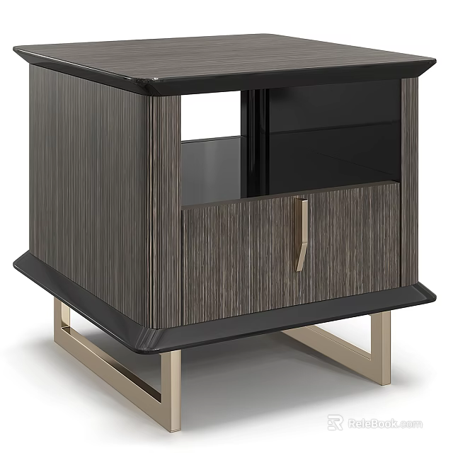 Modern Bedside Table With Wood Grain Panel Black Frame And Metal Legs 3d model 