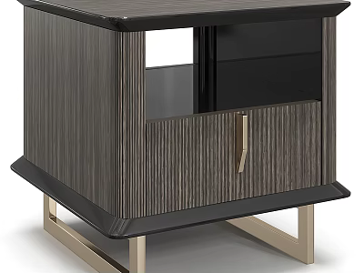 Modern Bedside Table With Wood Grain Panel Black Frame And Metal Legs 3d model
