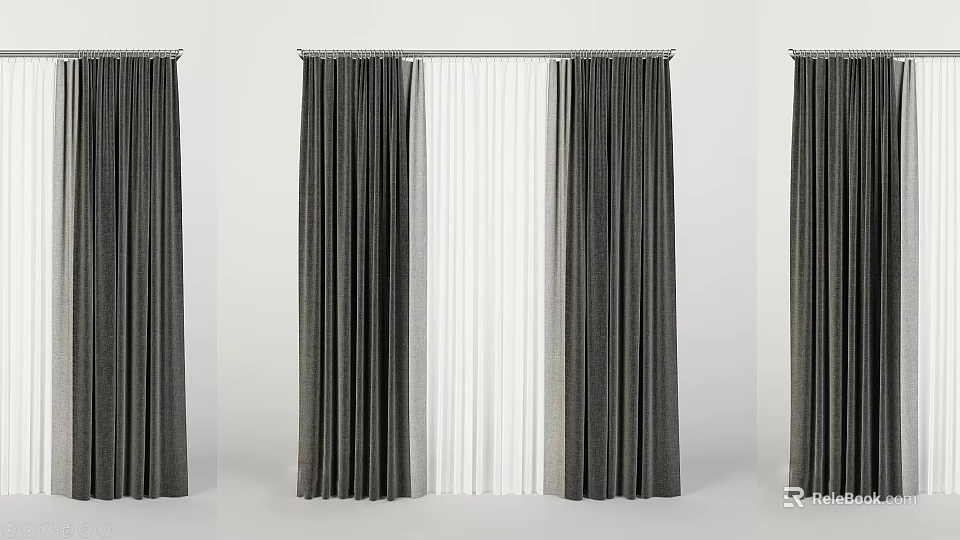 Gray Curtains With White Sheer Panels For Modern Living Room Window Decoration 3d model 