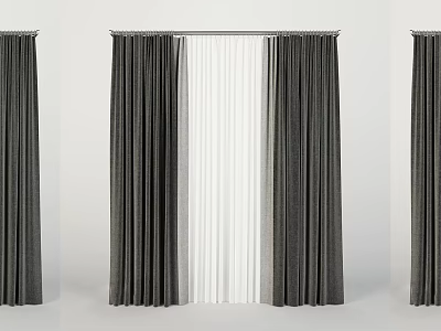 Gray Curtains With White Sheer Panels For Modern Living Room Window Decoration 3d model