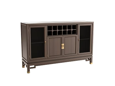 Dark Brown Chinese Style Wine Cabinet With Golden Handles Wine Grid And Open Shelves 3d model