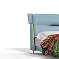 Light Blue Double Bed with Vertical Striped Headboard Golden Lines Patterned Blanket and Golden Legs