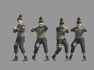 Game Anime Character With Green Vest Black Pants And Ponytail In Multiple Action Poses 3d model