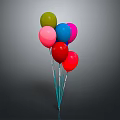 Colorful Balloons With Green Pink Blue Purple Red Tied With Blue Strings Against Dark Background