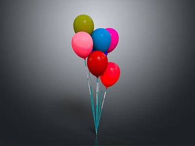 Colorful Balloons With Green Pink Blue Purple Red Tied With Blue Strings Against Dark Background 3d model