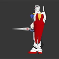 White Robot Character With Red Blue Yellow Accents Holding Shield And Sword