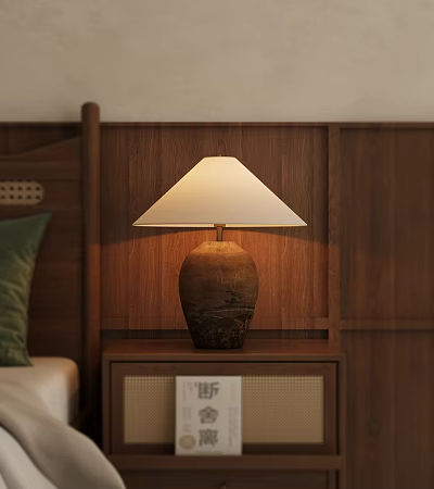 Ceramic Base Table Lamp With White Lampshade On Wooden Bedroom Bedside Table 3d model