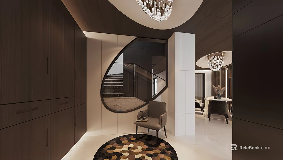 Modern Duplex Living Room Interior With Circular Staircase Chandelier Accent Chair And Rug 3d model 