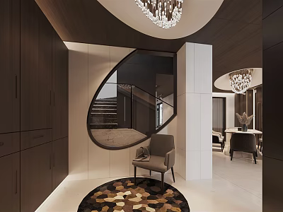 Modern Duplex Living Room Interior With Circular Staircase Chandelier Accent Chair And Rug 3d model