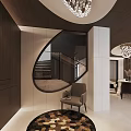 Modern Duplex Living Room Interior With Circular Staircase Chandelier Accent Chair And Rug