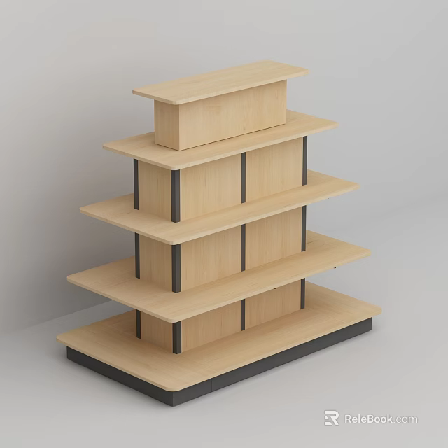 Wooden Multi Tiered Display Shelf With Black Supports And Stair Like Structure 3d model 