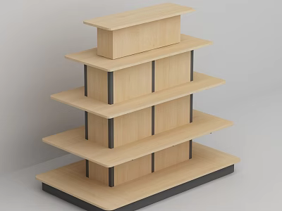 Wooden Multi Tiered Display Shelf With Black Supports And Stair Like Structure 3d model