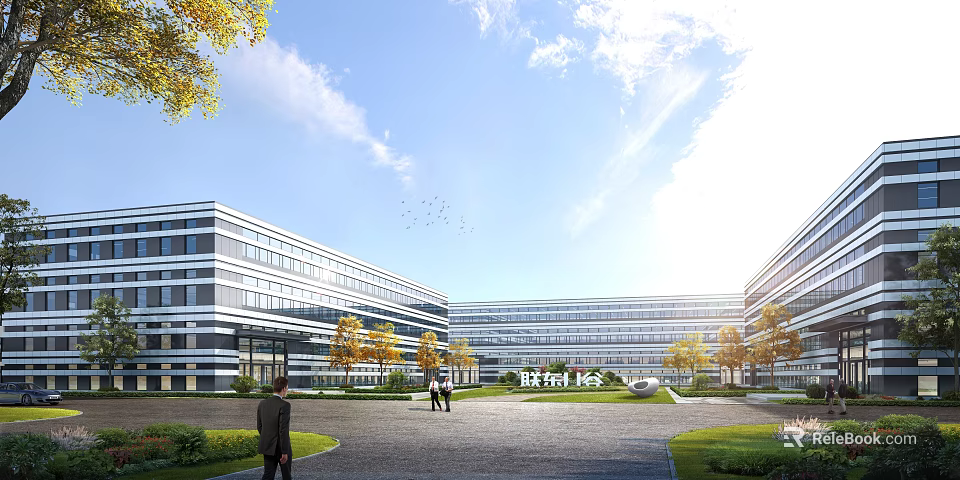 Modern Office Complex Exterior With Greenery Pathways And Clear Sky 3d model 