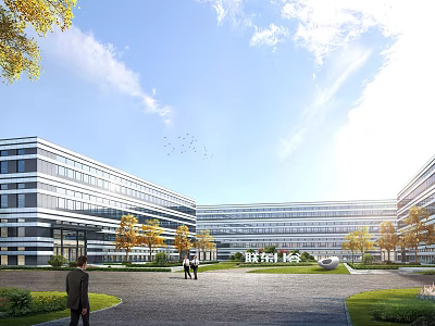 Modern Office Complex Exterior With Greenery Pathways And Clear Sky 3d model