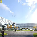 Modern Office Complex Exterior With Greenery Pathways And Clear Sky