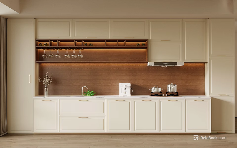 Modern White Kitchen Sideboard With Wooden Countertop Wine Glass Holder And Appliances 3d model 