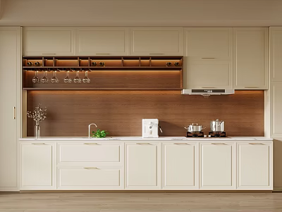 Modern White Kitchen Sideboard With Wooden Countertop Wine Glass Holder And Appliances 3d model