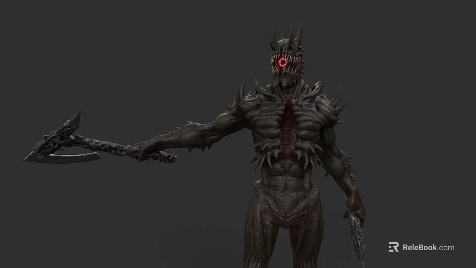 Game And Movie Character With Horned Head Red Eye Spiked Body Wielding Weapon 3d model 