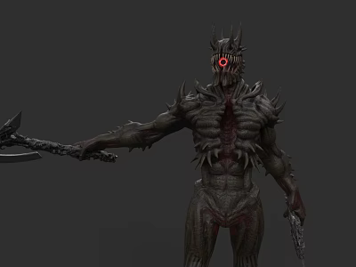 Game And Movie Character With Horned Head Red Eye Spiked Body Wielding Weapon 3d model