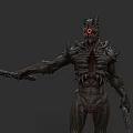 Game And Movie Character With Horned Head Red Eye Spiked Body Wielding Weapon