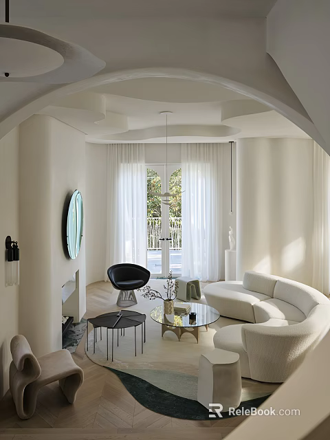 Modern Minimalist Living Room Interior With White Sofa Black Chair Round Mirror And Natural Light 3d model 