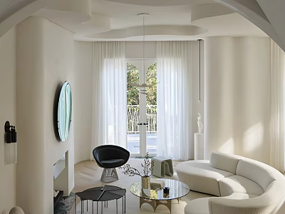 Modern Minimalist Living Room Interior With White Sofa Black Chair Round Mirror And Natural Light 3d model