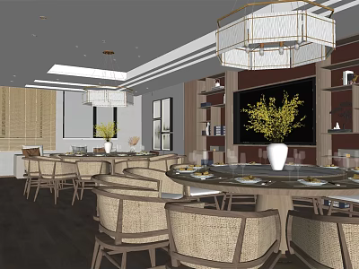 Elegant Private Dining Room Interior With Round Table Rattan Chairs Chandelier And Bookshelves 3d model