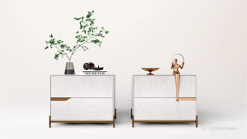 Modern White Nightstand With Gold Accents Drawer Design Green Plant Magazine Sculpture And Bowl 3d model 