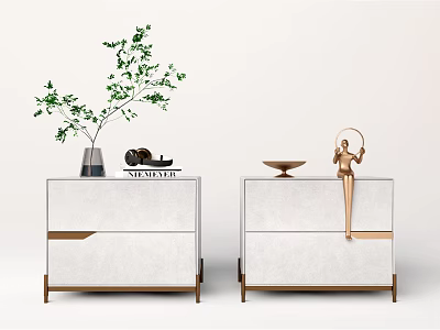 Modern White Nightstand With Gold Accents Drawer Design Green Plant Magazine Sculpture And Bowl 3d model