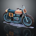 Vintage Style Motorcycle with Number 88 Blue Beige Body and Thick Tires